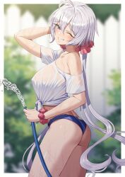 Rule 34 | 1girl, ;), ass, blue shorts, blurry, blurry background, breasts, fence, from side, grey hair, hair between eyes, holding, holding hose, hose, large breasts, long hair, looking at viewer, low twintails, midriff, off-shoulder shirt, off shoulder, one eye closed, outdoors, parted lips, pink scrunchie, purple eyes, scrunchie, senki zesshou symphogear, shirt, short shorts, shorts, smile, solo, tied shirt, tsukamoto kensuke, twintails, very long hair, water, wet, wet clothes, wet hair, wet shirt, white shirt, wooden fence, wrist scrunchie, yukine chris
