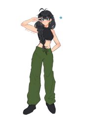 Rule 34 | 1girl, bare shoulders, black hair, blue eyes, blush, boots, braid, crop top, earrings, ganaha hibiki, green pants, highres, hoop earrings, idolmaster, idolmaster (classic), jewelry, long hair, looking at viewer, midriff, nakamura (mugenlism), open mouth, pants, simple background, solo, star (symbol), victory pose, white background