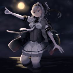 Rule 34 | 1girl, absurdres, bad id, bad twitter id, blue eyes, breasts, highres, kantai collection, long hair, looking at viewer, medium breasts, moon, night, night sky, numarinko, pantyhose, pointing, sky, smile, solo, suzutsuki (kancolle), white hair