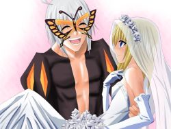 Rule 34 | 1boy, 1girl, alice margatroid, bare shoulders, blonde hair, blue eyes, blush, bouquet, breasts, bride, busou renkin, butterfly mask, carrying, cosplay, couple, domino mask, dress, elbow gloves, closed eyes, flower, gloves, grey hair, happy, hetero, laughing, mask, morichika rinnosuke, ni, ni (ippozenshin), open mouth, papillon, papillon (cosplay), princess carry, rose, short hair, small breasts, smile, touhou, veil, wedding dress, white dress, white flower, white gloves, white rose