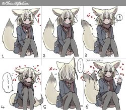 Rule 34 | 1girl, animal ear fluff, animal ears, artist name, blush, bow, bowtie, brown scarf, clothes grab, contemporary, embarrassed, extra ears, fennec (kemono friends), fox ears, fox tail, heart, highres, jacket, kemono friends, long sleeves, looking at viewer, looking away, looking to the side, multiple views, pleated skirt, scarf, shio butter (obscurityonline), simple background, sitting, skirt, sleeve grab, smile, tail, tail wagging, thighhighs, white background