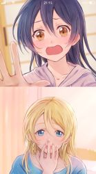 Rule 34 | 2girls, ayase eli, blonde hair, blue eyes, blue hair, blush, embarrassed, long hair, love live!, love live! school idol project, multiple girls, nose blush, open mouth, raised eyebrows, smile, sonoda umi, suito, wavy mouth, yellow eyes