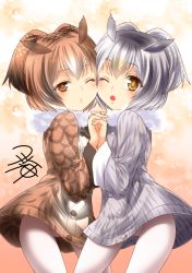 Rule 34 | 10s, 2girls, ;o, brown eyes, brown hair, buttons, coat, eurasian eagle owl (kemono friends), fur collar, grey hair, head wings, holding hands, kemono friends, looking at viewer, multiple girls, northern white-faced owl (kemono friends), one eye closed, open mouth, pantyhose, short hair, simple background, standing, white legwear, wings, yellow eyes, yua (checkmate)