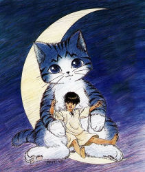 Rule 34 | 1boy, animal, barefoot, cat, child, crescent, crescent moon, feet, giant cat, gotou takayuki, kyaa, male focus, moon, official art, on crescent, oversized animal, please save my earth, purple theme, shion (please save my earth), sitting, star (symbol), aged down