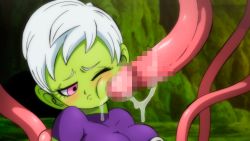 Rule 34 | 1girl, blush, breasts, censored, cheek poking, cheelai, closed mouth, colored skin, dragon ball, dragon ball super, dragon ball super broly, embarrassed, facejob, green skin, large breasts, monster, mosaic censoring, one eye closed, outdoors, penis, penis on face, pink eyes, poking, precum, rape, short hair, solo focus, tentacles, upper body, white hair, yamamoto doujin