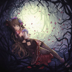 Rule 34 | 10s, 1girl, absurdres, artist name, bare shoulders, blurry, breasts, brown hair, depth of field, dress, elbow gloves, fishnet thighhighs, fishnets, flower, garter straps, gem, gloves, granblue fantasy, hair flower, hair ornament, highres, in tree, ivris, jewelry, large breasts, leaning on object, long hair, lying, navel, necklace, on side, parted lips, petals, purple eyes, red gemstone, rose, rose petals, rosetta (granblue fantasy), shoes, signature, smile, solo, thighhighs, thorns, tree