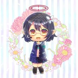 Rule 34 | 1girl, :d, armband, ayane (blue archive), black hair, black jacket, black skirt, black socks, blue archive, blush, braid, brown footwear, chibi, collared shirt, commentary request, commission, floral background, flower, full body, hair between eyes, hair flower, hair ornament, halo, hands up, headset, jacket, kneehighs, kou hiyoyo, long sleeves, open clothes, open jacket, open mouth, own hands together, pink flower, plaid, plaid skirt, pleated skirt, pointy ears, red-framed eyewear, school uniform, semi-rimless eyewear, shirt, shoes, short hair, skeb commission, skirt, smile, socks, solo, striped, striped background, sweater vest, under-rim eyewear, vertical stripes, white flower, white shirt