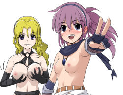 Rule 34 | 2girls, ^^^, bare shoulders, belt, black garter belt, black gloves, blonde hair, blue gloves, blue scarf, blush, breast hold, breasts, cleavage, commentary, elbow gloves, eyes visible through hair, fingerless gloves, garter belt, gloves, grin, hair between eyes, hairband, iris (iris action), iris action, jewelry, large breasts, long hair, looking at viewer, medium breasts, multiple girls, necklace, nipples, nose blush, o-ring, o-ring top, official art, oiran ichigou, open mouth, outstretched arm, pointy ears, purple eyes, purple hair, scarf, shirt, simple background, smile, torenia (iris action), torn clothes, torn scarf, upper body, v, wavy hair, white background, white shirt