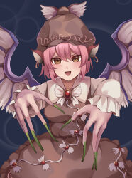 Rule 34 | 1girl, absurdres, animal ears, bird ears, bird wings, brown dress, brown eyes, brown hat, collared shirt, dress, earrings, fingernails, frilled dress, frilled sleeves, frills, green nails, hair between eyes, hat, highres, jewelry, koizumo, long fingernails, long sleeves, looking at viewer, mystia lorelei, nail polish, open mouth, pink hair, shirt, short hair, smug, solo, touhou, white shirt, white wings, winged hat, wings