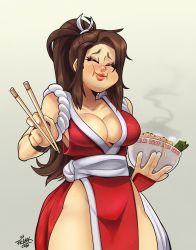 Rule 34 | 1girl, breasts, brown hair, cleavage, closed eyes, fatal fury, food, good, high ponytail, highres, large breasts, long hair, ninja, noodles, pelvic curtain, shiranui mai, sleeveless, the king of fighters, yoselinfrankcat