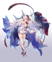 Rule 34 | 1girl, alternate costume, antenna hair, azur lane, blush, bouquet, breasts, bridal gauntlets, bridal veil, brown eyes, chococuco, cleavage, clothes lift, collarbone, cross, dress, dress lift, finger to mouth, floating hair, flower, full body, garter straps, gloves, hair between eyes, head tilt, headgear, high heels, highres, iron cross, large breasts, lifted by self, light particles, long hair, looking at viewer, machinery, mole, mole on breast, multicolored hair, parted lips, prinz eugen (azur lane), prinz eugen (symphonic fate) (azur lane), red hair, rigging, rose, sideboob, sidelocks, silver hair, smile, solo, sparkle, standing, streaked hair, thighhighs, thighs, two side up, veil, very long hair, wedding dress, white dress, white flower, white footwear, white gloves, white rose, white thighhighs, wind, wind lift