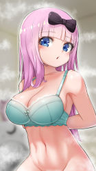 Rule 34 | 1girl, :o, aqua bra, arms behind back, bare arms, bare shoulders, black bow, blue eyes, blunt bangs, blush, bottomless, bow, bra, breasts, cleavage, collarbone, commentary request, fujiwara chika, groin, hair bow, highres, kaguya-sama wa kokurasetai ~tensai-tachi no renai zunousen~, large breasts, long hair, looking at viewer, navel, out-of-frame censoring, parted lips, pink hair, push-up bra, sinmo (dolomang), solo, steam, stomach, underwear, underwear only