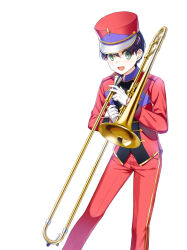 Rule 34 | 1boy, :d, alternate hair color, band uniform, buttons, closers, collared jacket, double-breasted, feet out of frame, gloves, green eyes, hand up, hat, high collar, highres, holding, holding instrument, holding trombone, instrument, jacket, leaning forward, legs apart, long sleeves, looking at viewer, looking to the side, male focus, marching band, mistilteinn (closers), official art, open mouth, pants, purple hair, red headwear, red jacket, red pants, shako cap, short hair, single vertical stripe, smile, solo, standing, teeth, trombone, uniform, upper teeth only, white background, white gloves