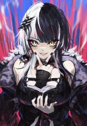 Rule 34 | 1girl, bare shoulders, black coat, black dress, black hair, black nails, book, chest strap, coat, commentary, dress, fur-trimmed coat, fur trim, grin, highres, holding, holding book, holoadvent, hololive, hololive english, juffles, long hair, long sleeves, looking at viewer, multicolored hair, off shoulder, open book, open clothes, open coat, parka, red lips, shiori novella, shiori novella (1st costume), smile, solo, split-color hair, upper body, v over mouth, virtual youtuber, white hair, yellow eyes