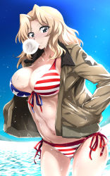 Rule 34 | 10s, 1girl, american flag, american flag bikini, american flag print, beach, bikini, bikini under clothes, blonde hair, blue eyes, breasts, chewing gum, cleavage, closed mouth, collarbone, commentary request, day, flag print, girls und panzer, hair intakes, highres, jacket, kay (girls und panzer), large breasts, long hair, looking at viewer, nakahira guy, navel, outdoors, print bikini, side-tie bikini bottom, sky, solo, sparkle, standing, string bikini, swimsuit, wet