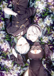 Rule 34 | 1boy, 1girl, breasts, choker, cleavage, cleavage cutout, clothing cutout, dress, flower, gloves, juliet sleeves, large breasts, long sleeves, looking at another, lying, maokezi, nier:automata, nier (series), on back, partially submerged, puffy sleeves, ripples, water, white hair, 2b (nier:automata), 9s (nier:automata)