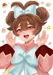 Rule 34 | 1girl, :d, bird, blue bow, blue bowtie, borrowed hairstyle, bow, bowtie, brown eyes, brown hair, chick, cinnamiku, cinnamiku hairstyle, cosplay, dated, hand up, hands up, hatsune miku, hatsune miku (cosplay), highres, long sleeves, looking at viewer, open mouth, original, signature, smile, solo, teeth, temachii, temachii (character), twintails, upper body, upper teeth only, vocaloid