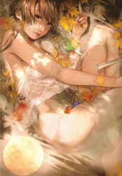 Rule 34 | 1girl, autumn leaves, bakemonogatari, bare legs, bare shoulders, bottomless, boxcutter, brown hair, crab, full body, full moon, highres, leaf, lingerie, long hair, looking at viewer, lying, maple leaf, monogatari (series), moon, moon reflection, negligee, official art, on side, oogure ito, panties, partially submerged, pencil, protractor, reflection, reflective water, ruler, scissors, senjougahara hitagi, solo, stapler, stationery, underwear, water, wet, white panties