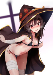 Rule 34 | 1girl, absurdres, alternate costume, bandaged leg, bandages, bare shoulders, bent over, bikini, bikini pull, black bikini, black cape, black hair, blush, breasts, cape, clothes pull, commentary request, hat, heart, highres, kono subarashii sekai ni shukufuku wo!, looking at viewer, megumin, micro bikini, muoto, navel, open mouth, paid reward available, red eyes, short hair, small breasts, smile, solo, swimsuit, teeth, translation request, underwear, upper teeth only, witch hat