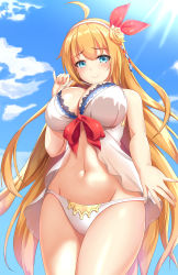 Rule 34 | 1girl, ahoge, bikini, blonde hair, blue eyes, blush, bow, breasts, cleavage, closed mouth, cloud, cowboy shot, fingernails, flower, hair flower, hair ornament, hairband, highres, large breasts, long hair, looking at viewer, navel, pecorine (princess connect!), pecorine (summer) (princess connect!), princess connect!, raised eyebrows, red bow, rommeling, rose, sky, smile, solo, standing, swimsuit, thighs, white bikini, white hairband, yellow flower, yellow rose