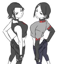 Rule 34 | 2girls, :/, :3, age comparison, bare shoulders, black hair, blue pants, blush, breasts, capri pants, character name, choker, closed mouth, clothes writing, commentary request, crop top, cube (jsr), dual persona, earrings, fingerless gloves, flame print, from above, from behind, gloves, grey pants, grey shirt, greyscale, hair ornament, hairclip, half-closed eyes, hand on own hip, highres, home (houmei), jet set radio, jet set radio future, jewelry, layered clothes, layered sleeves, long sleeves, looking at viewer, looking back, looking up, midriff, monochrome, multiple girls, multiple persona, pants, ponytail, sega, shirt, short hair, short over long sleeves, short sleeves, simple background, sleeveless, smile, standing, stud earrings, swept bangs, symmetry, t-shirt, turtleneck, v-shaped eyebrows, white background