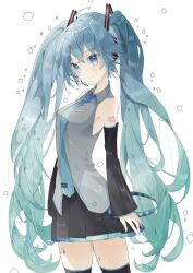 Rule 34 | 1girl, absurdres, ahoge, black skirt, black sleeves, black thighhighs, blue eyes, blue hair, blue necktie, breasts, closed mouth, collared shirt, commentary request, detached sleeves, grey shirt, hair between eyes, hatsune miku, headset, highres, long hair, long sleeves, looking at viewer, necktie, pleated skirt, shirt, siho (ricchil), simple background, skirt, sleeveless, sleeveless shirt, sleeves past wrists, small breasts, smile, solo, thighhighs, tie clip, twintails, very long hair, vocaloid, white background
