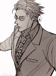 Rule 34 | 1boy, absurdres, animal print, coat, collared shirt, formal, glasses, goggles, greyscale, highres, jujutsu kaisen, leopard print, lips, long sleeves, male focus, monochrome, nanami kento, necktie, nekonii, parted lips, shirt, short hair, solo, suit, upper body