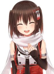 Rule 34 | 10s, 1girl, black neckerchief, blush, brown hair, closed eyes, facing viewer, hair between eyes, hand on own chest, ica, jewelry, kantai collection, neckerchief, ninja, open mouth, ring, scarf, sendai (kancolle), sendai kai ni (kancolle), simple background, sleeveless, smile, solo, twintails, two side up, upper body, wedding band, white background