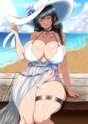 Rule 34 | 1girl, bikini, braid, breasts, closed eyes, collar, earrings, flower, goddess of victory: nikke, hat, highres, huge breasts, jewelry, long hair, mary (bay goddess) (nikke), mary (nikke), side braid, skindentation, smile, solo, sun hat, swimsuit, thick thighs, thigh strap, thighs, white bikini, white hat