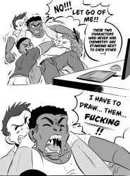 Rule 34 | 1girl, 3boys, anger vein, clenched teeth, closed eyes, comic, commentary, dark-skinned male, dark skin, drawing tablet, english commentary, english text, full nelson, funsexydb, greyscale, hairband, highres, holding, holding stylus, monitor, monochrome, mouse (computer), multiple boys, open mouth, original, restrained, saliva, stylus, table, teeth, trembling