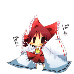 Rule 34 | 1girl, :o, bad id, bad pixiv id, bow, brown eyes, brown hair, chibi, detached sleeves, female focus, flapping, hakurei reimu, japanese clothes, jitome, miko, pasutel, short hair, sleeves past wrists, solo, touhou, wide sleeves