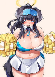 Rule 34 | 1girl, alternate breast size, animal ears, bare shoulders, black hair, blue archive, blue eyes, blush, breasts, cheerleader, cleavage, commentary request, cowboy shot, eyewear on head, facial mark, goggles, goggles on head, halo, hibiki (blue archive), hibiki (cheer squad) (blue archive), highres, holding, holding pom poms, huge breasts, kagarimachi konatsu, long hair, looking at viewer, navel, plump, pom pom (cheerleading), pom poms, skirt, solo, star (symbol), star facial mark, tail, thick thighs, thighs, yellow halo