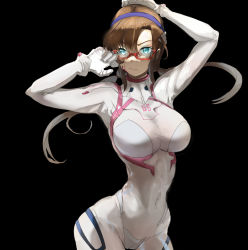 Rule 34 | 1girl, armpits, arms up, black background, blood, blue eyes, breasts, brown hair, covered navel, evangelion: 3.0+1.0 thrice upon a time, glowing, glowing eyes, highres, large breasts, makinami mari illustrious, narrow waist, neon genesis evangelion, plugsuit, rebuild of evangelion, see-through, semi-rimless eyewear, simple background, solo, narrow waist, twintails, yana-ma