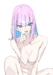 Rule 34 | 1girl, absurdres, blue eyes, blue hair, blunt bangs, blush, breasts, cleavage, collarbone, colored inner hair, completely nude, fingernails, highres, knees up, large breasts, light blue hair, long bangs, looking at viewer, medium hair, multicolored hair, nail polish, navel, nipples, nude, open mouth, original, pink hair, pink nails, pink pupils, simple background, sitting, solo, stomach, streaked hair, tongue, two-tone hair, watarumi, white background