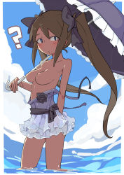Rule 34 | 1girl, ?, black flower, black rose, blue eyes, blush, breasts, brown hair, character request, dress, flower, highres, long hair, medium breasts, nipples, ocean, outdoors, parasol, parted lips, partially submerged, rose, solo, standing, tomatojam, topfreedom, topless, twintails, umbrella, water, zakuzaku actors