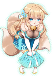 Rule 34 | 1girl, :d, adapted costume, animal ears, armpit crease, azur lane, bare shoulders, bell, black bodysuit, blonde hair, blue eyes, blue skirt, blush, bodysuit, boots, breasts, cheerleader, cherry blossom print, commentary request, crop top, elbow gloves, floral print, flower, fox ears, fox tail, full body, gloves, hair between eyes, hair flower, hair ornament, hestia (neko itachi), holding, holding pom poms, jingle bell, knees together feet apart, large breasts, leaning forward, long hair, looking at viewer, low-tied long hair, multiple tails, niizuki (azur lane), open mouth, outline, pom pom (cheerleading), pom poms, sidelocks, simple background, skirt, sleeveless, sleeveless bodysuit, smile, solo, standing, tabi, jika-tabi, tail, taut clothes, thick eyebrows, thigh boots, thighhighs, white background, white footwear, white gloves, white thighhighs, zettai ryouiki
