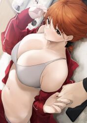 Rule 34 | 1girl, 1other, akito (d30n26), armpit crease, bare shoulders, book, bra, breasts, brown background, cellphone, cleavage, closed mouth, grey bra, grey panties, gym uniform, highres, holding hands, jacket, large breasts, long sleeves, looking at viewer, nagi (akito), navel, off shoulder, open book, open clothes, open jacket, orange hair, original, panties, phone, raised eyebrows, red jacket, smartphone, solo focus, stomach, track jacket, underwear, upper body