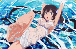 Rule 34 | 10s, 1girl, absurdres, barefoot, black hair, blue eyes, breasts, brown hair, cleavage, covered erect nipples, covered navel, dungeon ni deai wo motomeru no wa machigatteiru darou ka, feet, hair ribbon, hestia (danmachi), highres, in water, large breasts, long hair, looking at viewer, lying, non-web source, official art, on back, open mouth, panties, rei no himo, ribbon, see-through, soles, solo, surprised, toes, twintails, underwear, upper body, water, wet, white panties