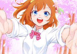 Rule 34 | 1girl, blue eyes, breasts, cherry blossoms, commentary, flower, hair flower, hair ornament, kosaka honoka, looking at viewer, love live!, love live! school idol project, one side up, orange hair, round teeth, short hair, sidelocks, small breasts, solo, teeth, tree, tsunemi aosa, upper body