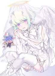 Rule 34 | 2boys, alternate costume, alternate hairstyle, angel, angel wings, ankle boots, blue hair, boots, braid, chibi, chibi inset, colored eyelashes, commentary, crossed ankles, demon, earrings, feathered wings, frills, galo thymos, green hair, halo, high-waist shorts, highres, jewelry, knees up, kome 1022, lio fotia, long sleeves, looking at viewer, male focus, multiple boys, promare, puffy sleeves, purple eyes, ribbon, shirt, short hair, shorts, sidelocks, simple background, sitting, solo focus, symbol-only commentary, thighhighs, trap, triangle earrings, veil, white background, white footwear, white ribbon, white shirt, white shorts, white thighhighs, white veil, white wings, wings, yellow halo
