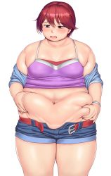 Rule 34 | 1girl, belly grab, belt, belt buckle, blush, breasts, buckle, commentary request, commission, cowboy shot, denim, denim shorts, digimon, digimon savers, facing viewer, fat, fujieda yoshino, highres, looking down, medium breasts, midriff, navel, off shoulder, open belt, open mouth, orizen, pixiv commission, red eyes, red hair, shirt, short hair, shorts, simple background, solo, straight-on, swept bangs, thick arms, thick thighs, thighs, white background, wristband