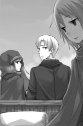Rule 34 | 1girl, 2boys, ayakura juu, cape, craft lawrence, from behind, greyscale, hair between eyes, holo, hood, hooded, horse, looking back, looking down, monochrome, multiple boys, novel illustration, official art, outdoors, parted lips, sitting, spice and wolf, tote col, upper body