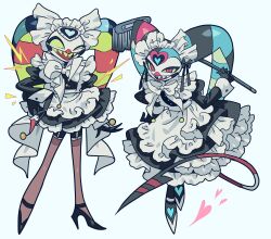 Rule 34 | 2boys, alternate costume, apron, black dress, black footwear, brown thighhighs, colored sclera, crossdressing, demon boy, demon horns, demon tail, dress, enmaided, fizzarolli (helluva boss), frilled apron, frilled dress, frills, full body, heart, helluva boss, high heels, highres, holding, holding whip, horns, juliet sleeves, lightning bolt symbol, long sleeves, looking at viewer, maid, maid apron, maid headdress, male focus, male maid, meremero, monster boy, multiple boys, open mouth, pink eyes, puffy sleeves, robo fizz, sharp teeth, simple background, smile, standing, striped horns, tail, teeth, thighhighs, white apron, yellow sclera