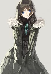 Rule 34 | 1girl, black hair, blue eyes, blush, coat, commentary request, corset, earrings, fur trim, hair ornament, hairclip, hands in pockets, head tilt, highres, jewelry, long hair, nose blush, open mouth, original, senmu (senmudayo), smile, solo, twitter username