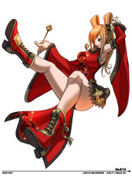 Rule 34 | 1girl, arc system works, arm up, armpits, bell, black eyes, blush, boots, character name, china dress, chinese clothes, copyright name, dated, detached sleeves, dress, falcoon, floral print, from side, full body, grin, guilty gear, guilty gear xx, hair bell, hair ornament, hair rings, half updo, high heel boots, high heels, jingle bell, kuradoberi jam, leg up, legs, long hair, orange hair, red dress, side slit, simple background, smile, solo, twintails, white background, wide sleeves