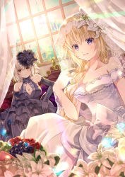 Rule 34 | 2girls, apple, bare shoulders, black dress, black gloves, black wedding dress, blonde hair, blush, braid, breasts, bridal veil, cleavage, cleavage cutout, clothing cutout, commentary request, dress, elbow gloves, fate/grand order, fate (series), flower, food, frilled dress, frills, fruit, gloves, grapes, hair flower, hair ornament, hair over shoulder, highres, iroha (shiki), jeanne d&#039;arc (fate), jeanne d&#039;arc (ruler) (fate), jeanne d&#039;arc alter (avenger) (fate), jeanne d&#039;arc alter (fate), large breasts, long hair, looking at viewer, multiple girls, purple eyes, silver hair, single braid, sitting, smile, strapless, strapless dress, veil, wedding dress, white dress, window, yellow eyes