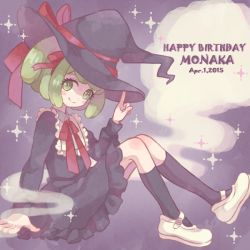 Rule 34 | 1girl, 2015, arm up, black dress, blush, bow, calf socks, danganronpa (series), danganronpa another episode: ultra despair girls, dress, full body, green eyes, green hair, hair bow, hand up, happy birthday, hat, hat bow, knees up, looking at viewer, mary janes, matching hair/eyes, bowtie, neck ribbon, pointing, purple background, red bow, red ribbon, ribbon, shoes, simple background, smile, smoke, smoke trail, star (symbol), towa monaca, witch hat
