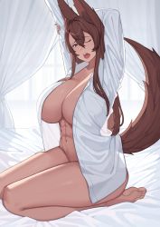 Rule 34 | 1girl, abs, animal ears, arms up, barefoot, breasts, brown eyes, brown hair, clothes lift, collared shirt, curtains, dark-skinned female, dark skin, dress shirt, fox ears, fox girl, fox tail, franham, full body, hair between eyes, hand on own arm, highres, huge breasts, indoors, lifted by tail, looking at viewer, naked shirt, on bed, one eye closed, open clothes, open mouth, open shirt, original, seiza, shirt, shirt lift, sitting, solo, stretching, tail, teeth, unbuttoned, upper teeth only