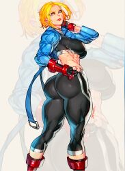 Rule 34 | 1girl, abs, absurdres, ass, asymmetrical gloves, black choker, black gloves, black sports bra, blonde hair, blue eyes, blue jacket, boots, breasts, cammy white, choker, clenched hand, cropped jacket, facial scar, fingerless gloves, from behind, gloves, hand on own neck, highres, impossible clothes, jacket, large breasts, lips, looking back, mismatched gloves, pants, red footwear, scar, scar on cheek, scar on face, short hair, single vambrace, skin tight, solo, sports bra, street fighter, street fighter 6, thick thighs, thighs, topsu, vambraces, yoga pants, zoom layer