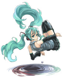 Rule 34 | boots, detached sleeves, full body, green eyes, green hair, hatsune miku, headphones, kno1, long hair, miniskirt, necktie, skirt, solo, thigh boots, thighhighs, twintails, very long hair, vocaloid, water, zettai ryouiki